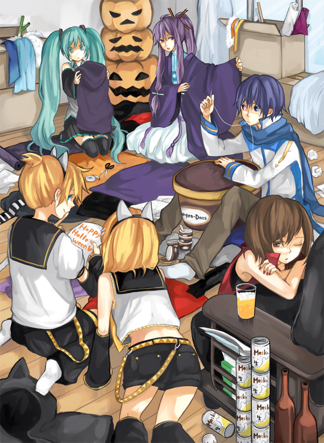 hatsune miku, kagamine rin, kagamine len, kaito, meiko, and 1 more (vocaloid) drawn by tama_(songe)