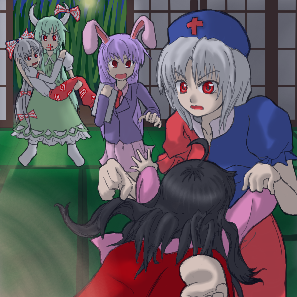 reisen udongein inaba, fujiwara no mokou, kamishirasawa keine, houraisan kaguya, yagokoro eirin, and 1 more (touhou) drawn by tori_rui
