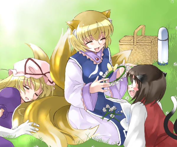yakumo yukari, yakumo ran, and chen (touhou) drawn by coco_(artist)