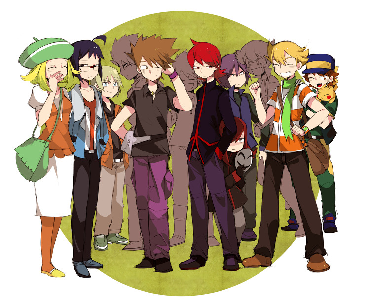 pikachu, blue oak, silver, bianca, cheren, and 6 more (pokemon and 5 more) drawn by kokotaru