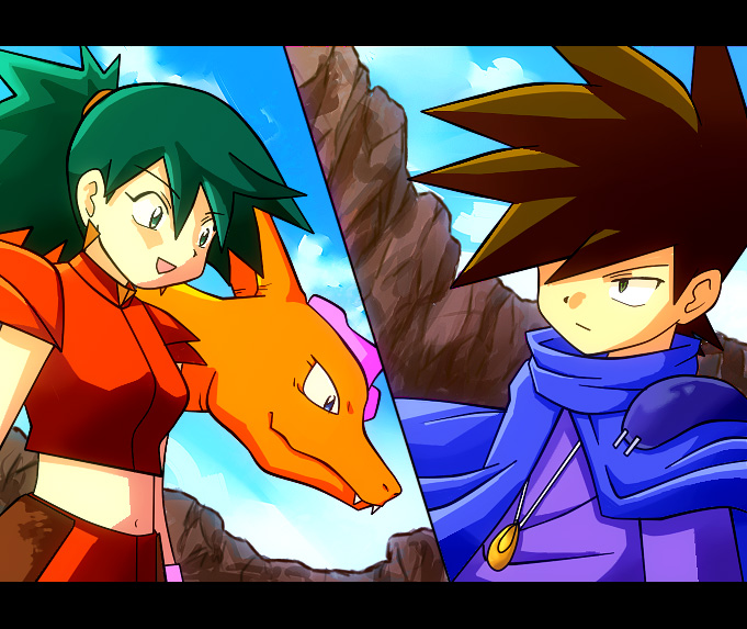 blue oak, charizard, and liza (pokemon and 1 more) drawn by tetsu_@_kyoufu_no_kyaraben