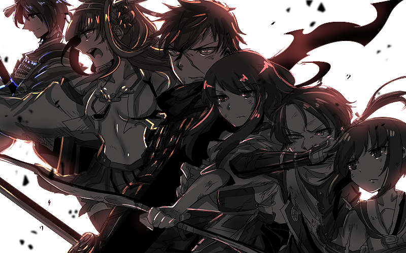 kongou, akagi, akebono, mikazuki munechika, kashuu kiyomitsu, and 1 more (kantai collection and 1 more) drawn by owannu