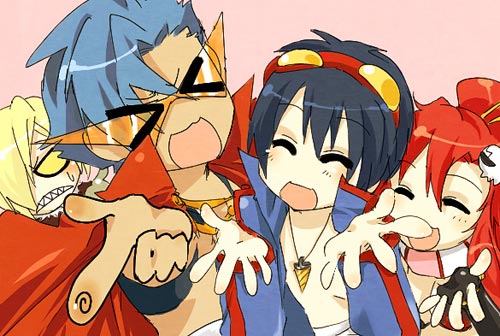 yoko littner, simon, kamina, and viral (lucky star and 1 more) drawn by emily_hu