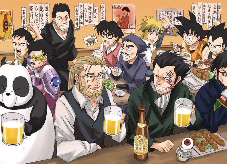 son goku, vegeta, ikari gendou, medama oyaji, namikaze minato, and 8 more (one piece and 13 more) drawn by ksfactory