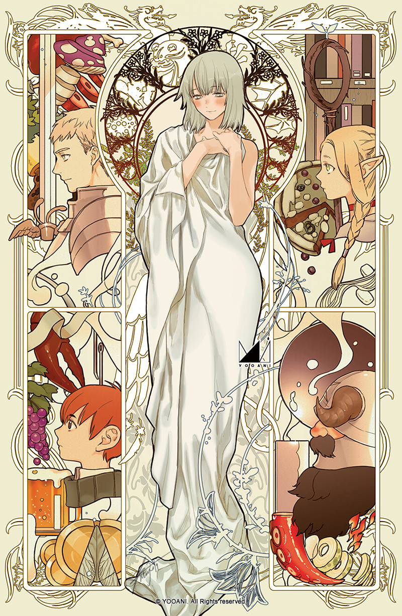 marcille donato, falin touden, laios touden, senshi, chilchuck tims, and 1 more (dungeon meshi) drawn by yooani