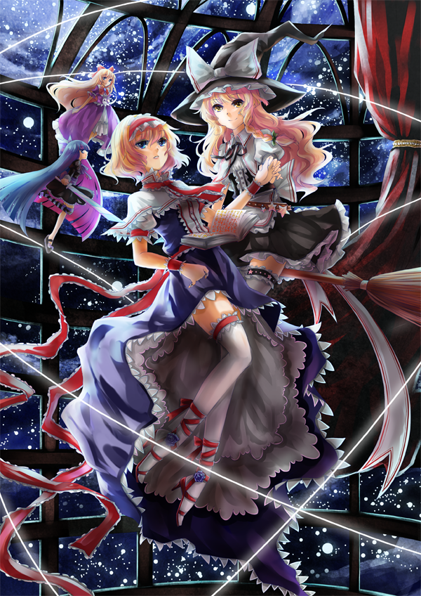 kirisame marisa, alice margatroid, shanghai doll, and stocking (touhou and 1 more) drawn by vetina