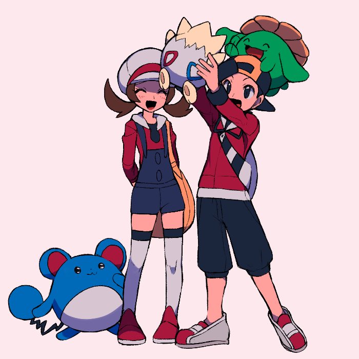 ethan, lyra, marill, togepi, and skiploom (pokemon and 1 more) drawn by tyako_089