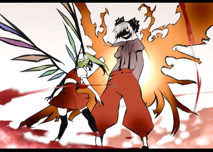 flandre scarlet and fujiwara no mokou (touhou) drawn by onigunsou