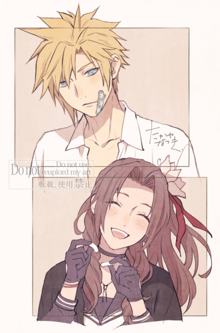 cloud strife and aerith gainsborough (final fantasy and 2 more) drawn by takaya_natsuki