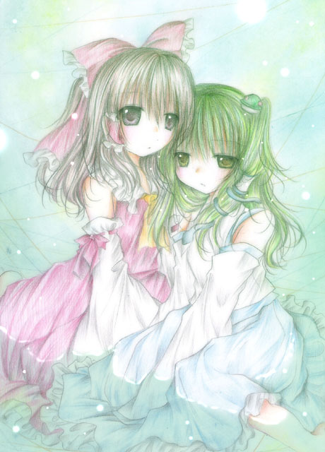 hakurei reimu and kochiya sanae (touhou) drawn by kasuga_sunao