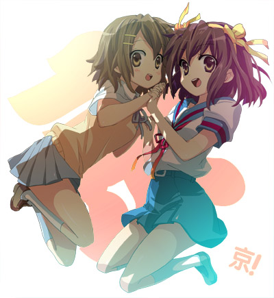 suzumiya haruhi and hirasawa yui (k-on! and 2 more) drawn by e-nya