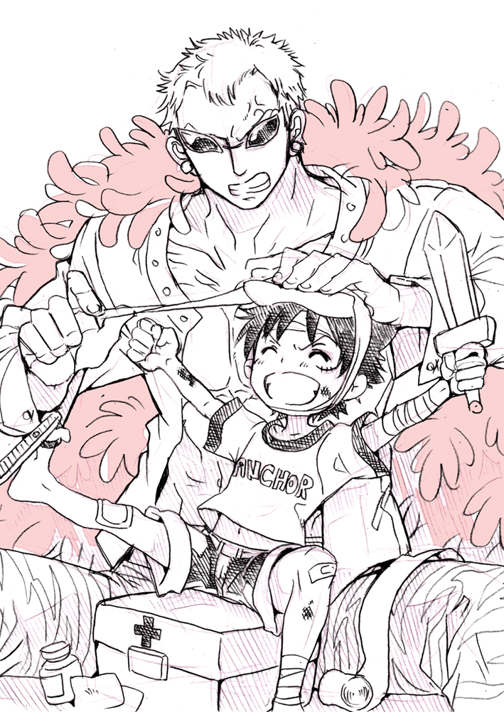 monkey d. luffy and donquixote doflamingo (one piece) drawn by eguana