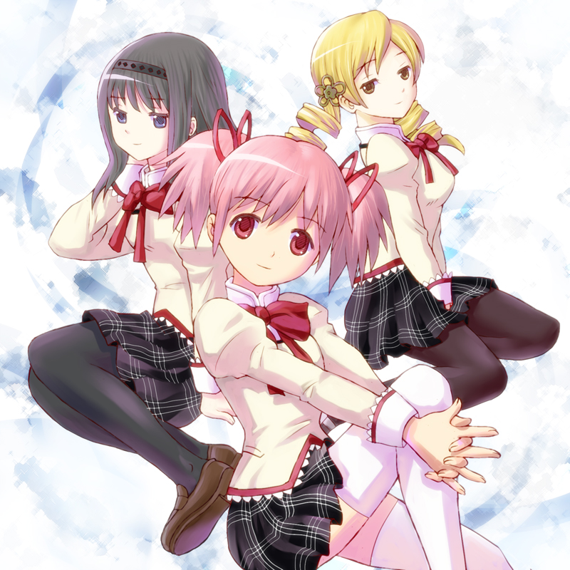 akemi homura, kaname madoka, and tomoe mami (mahou shoujo madoka magica) drawn by man_dam