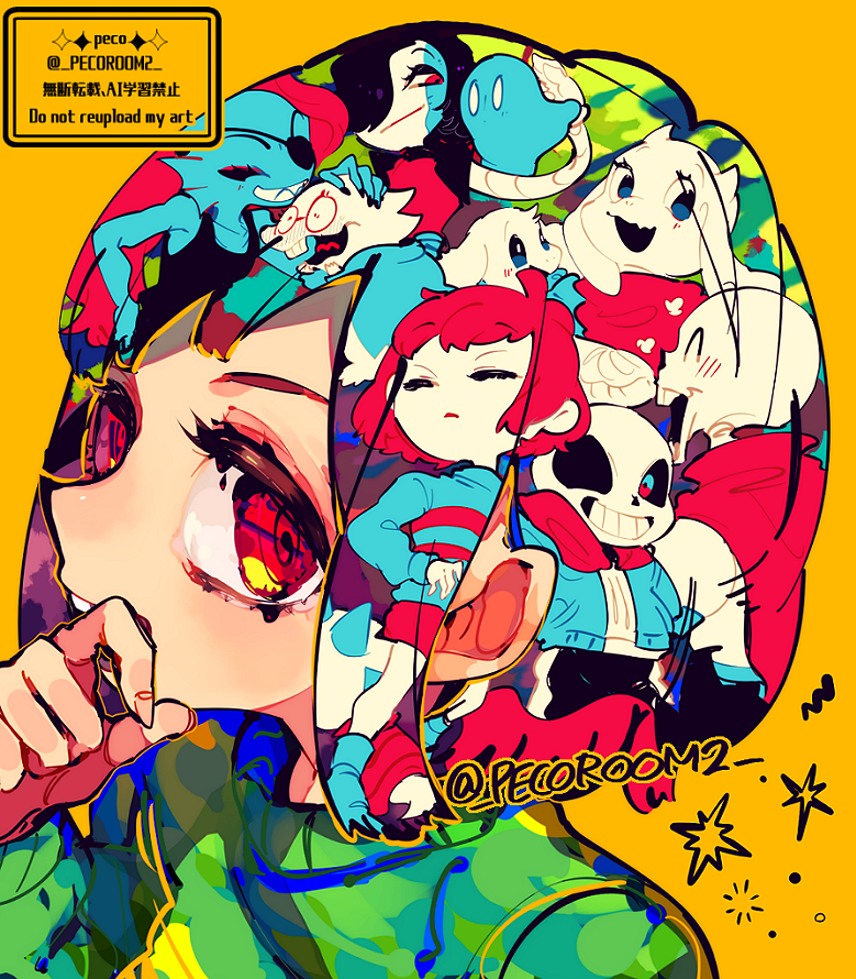 frisk, chara, sans, papyrus, undyne, and 6 more (undertale) drawn by repikinoko