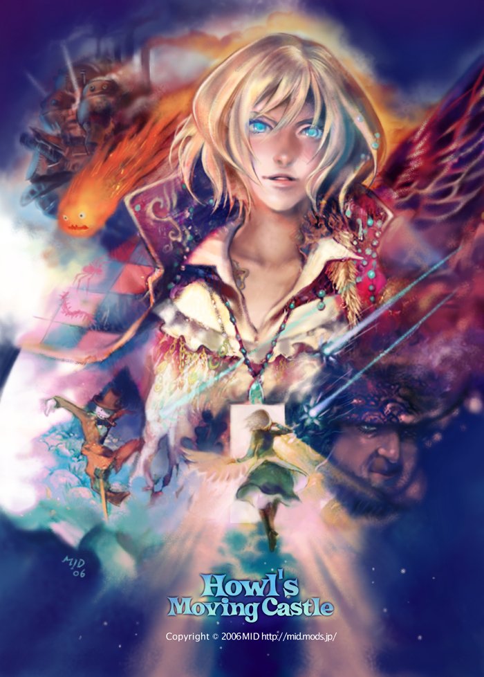 howl pendragon, sophie hatter, calcifer, and kakashi no kabu (howl no ugoku shiro) drawn by mid_(midlibro)