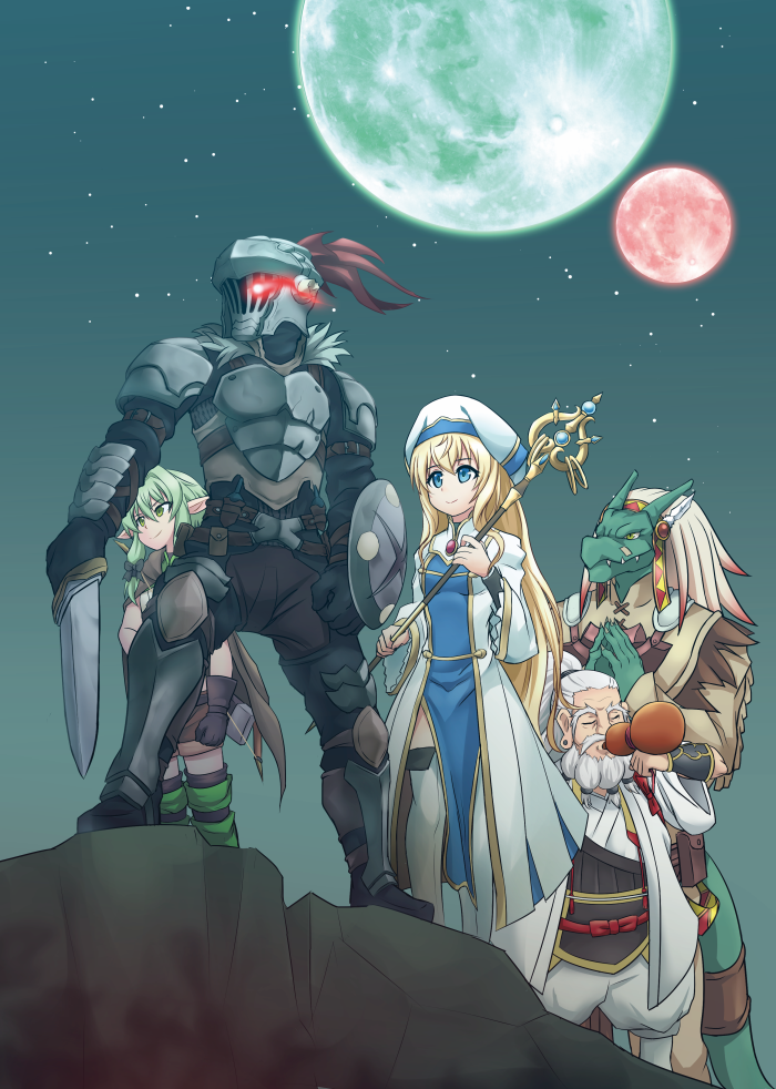 priestess, high elf archer, goblin slayer, lizard priest, and dwarf shaman (goblin slayer!) drawn by fen_(gunpura)