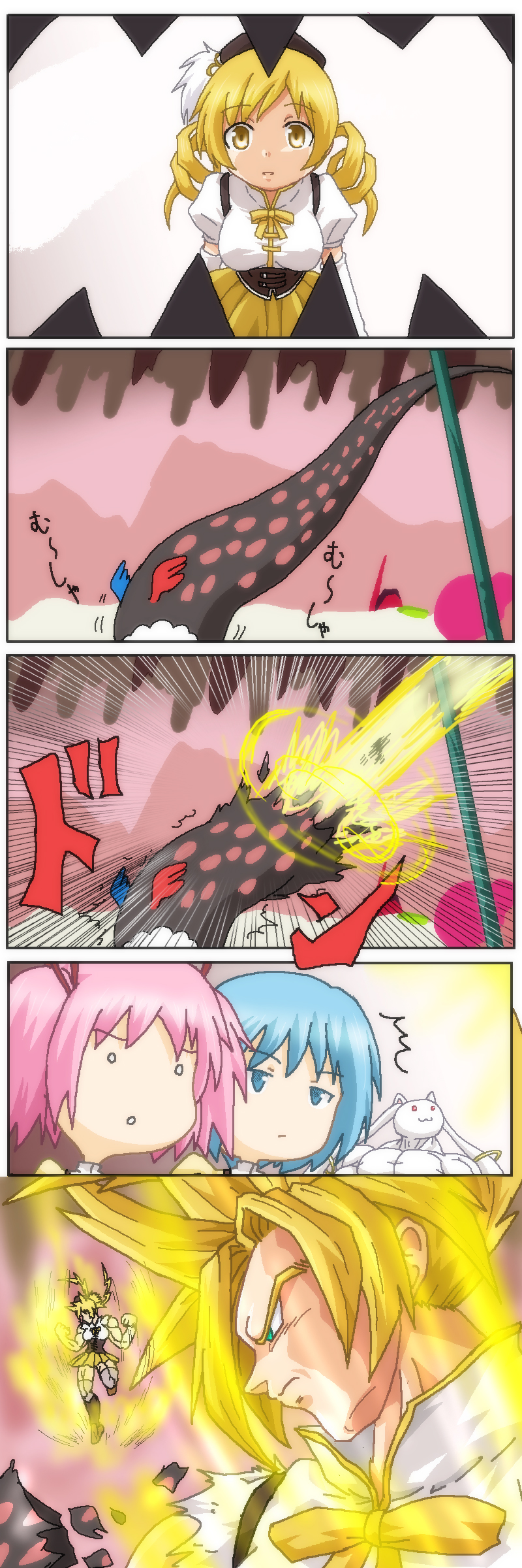 kaname madoka, miki sayaka, tomoe mami, kyubey, and charlotte (mahou shoujo madoka magica and 2 more) drawn by hayashiya_zankurou
