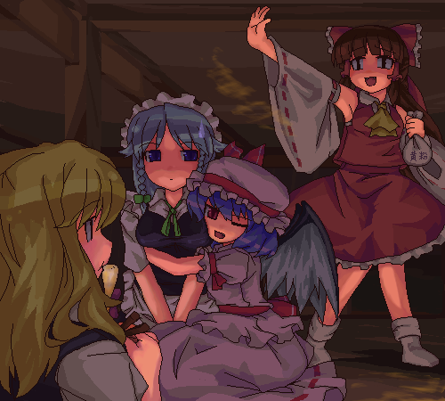 hakurei reimu, kirisame marisa, remilia scarlet, and izayoi sakuya (touhou) drawn by ktsecond