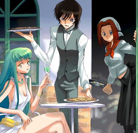 c.c., lelouch vi britannia, and kouzuki kallen (code geass) drawn by kimura_takahiro