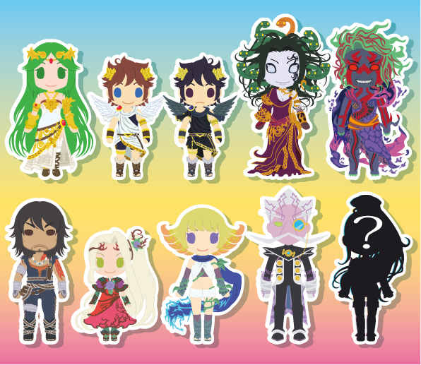 palutena, pit, dark pit, viridi, phosphora, and 6 more (kid icarus and 1 more) drawn by hiroka_m