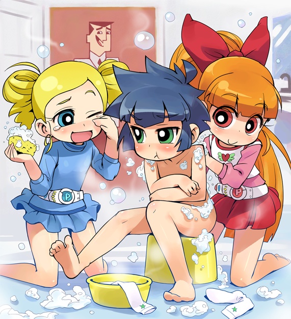 akazutsumi momoko, matsubara kaoru, goutokuji miyako, and professor utonium (powerpuff girls and 1 more) drawn by minawa