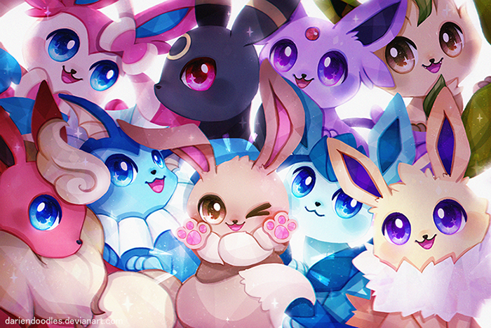 eevee, sylveon, umbreon, glaceon, vaporeon, and 4 more (pokemon) drawn by dariendoodles
