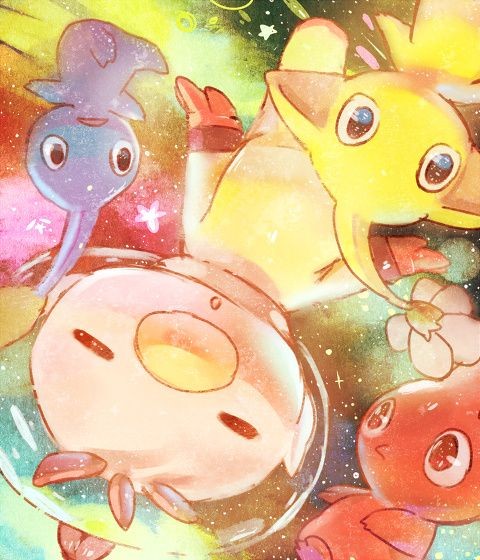 red pikmin, olimar, yellow pikmin, and blue pikmin (pikmin) drawn by b_spa_gyoreva