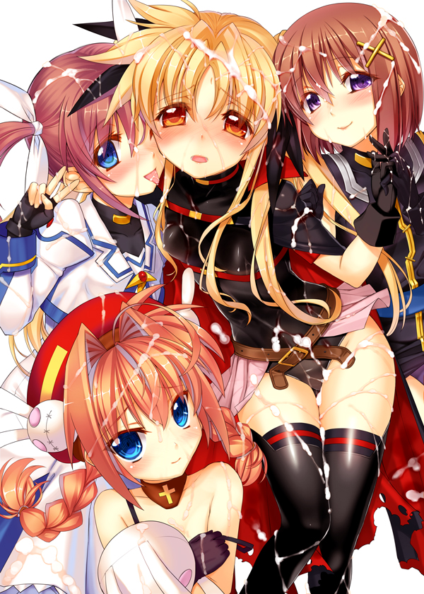fate testarossa, takamachi nanoha, yagami hayate, and vita (lyrical nanoha and 3 more) drawn by himukai_kyousuke