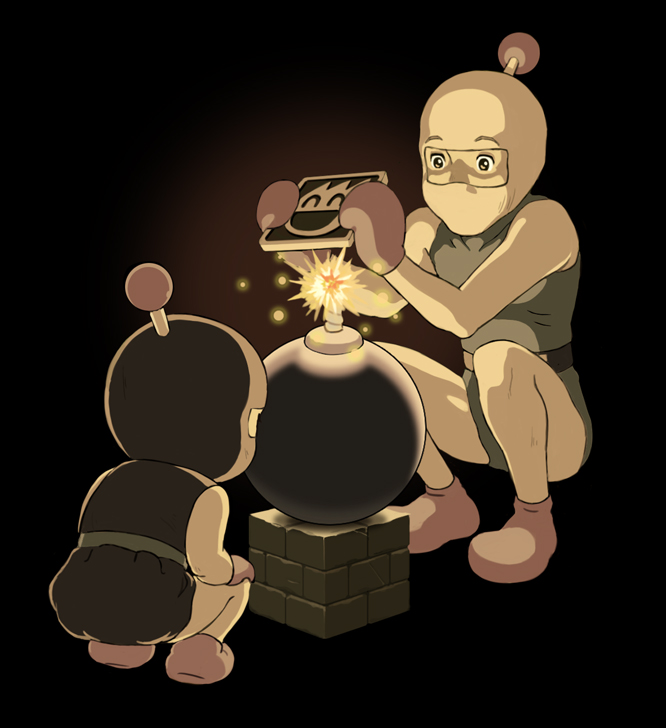 white bomberman, black bomberman, setsuko, and seita (bomberman and 1 more) drawn by sakkan
