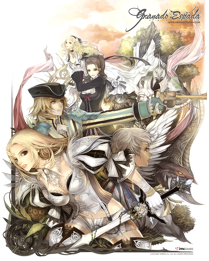 warlock, fighter, scout, wizard, and musketeer (granado espada) drawn by maggi