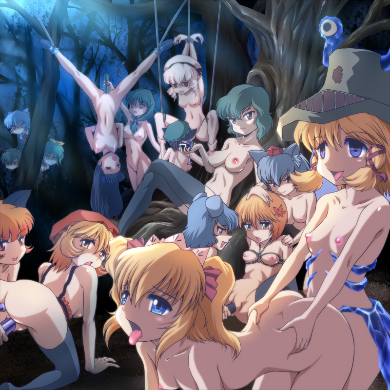 cirno, inubashiri momiji, kaenbyou rin, moriya suwako, chen, and 12 more (touhou and 2 more) drawn by wancozow