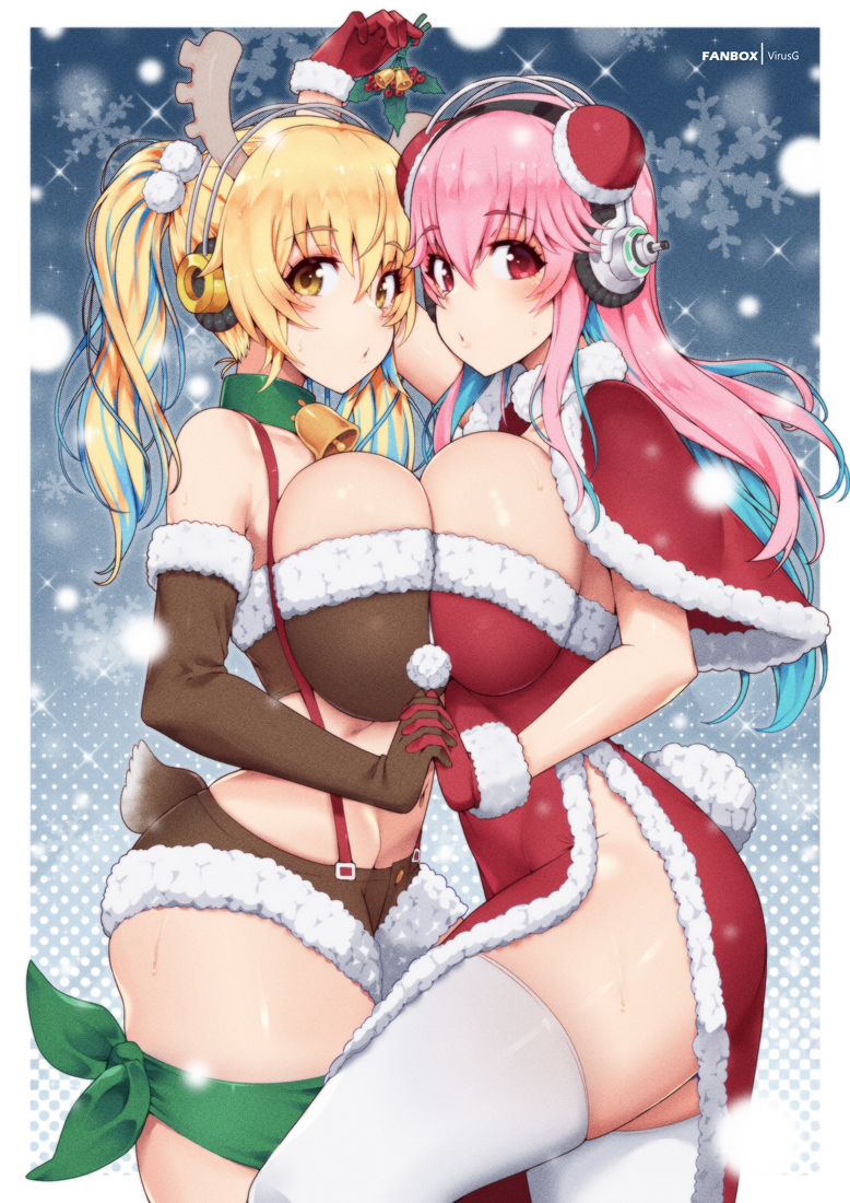 super sonico and super pochaco (nitroplus) drawn by virus-g