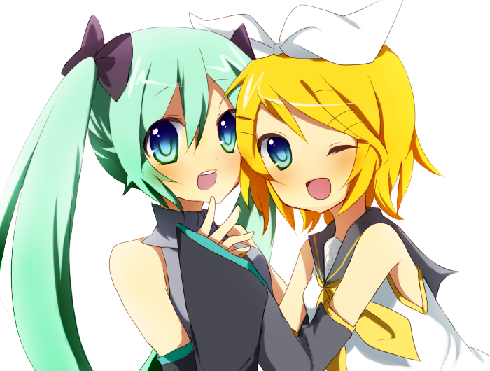 hatsune miku and kagamine rin (vocaloid) drawn by manio