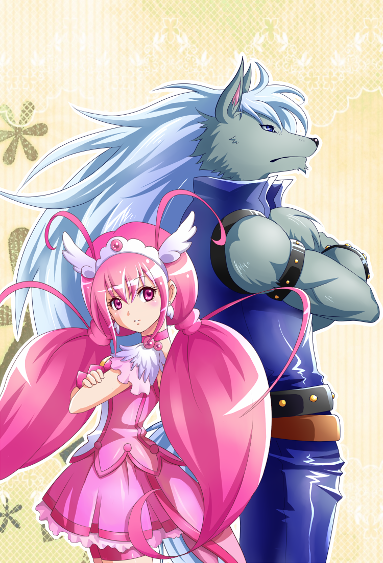 hoshizora miyuki, cure happy, and wolfrun (precure and 1 more) drawn by pochikoro