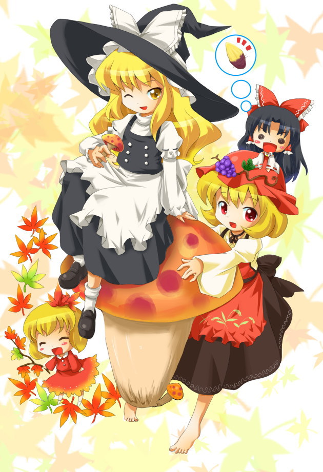 hakurei reimu, kirisame marisa, aki minoriko, and aki shizuha (touhou) drawn by michii_yuuki