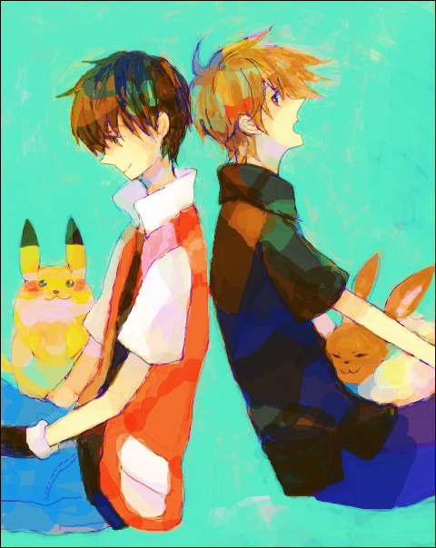 pikachu, red, eevee, and blue oak (pokemon and 2 more) drawn by oinuinu