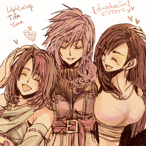 tifa lockhart, yuna, and lightning farron (final fantasy and 5 more) drawn by yadoso