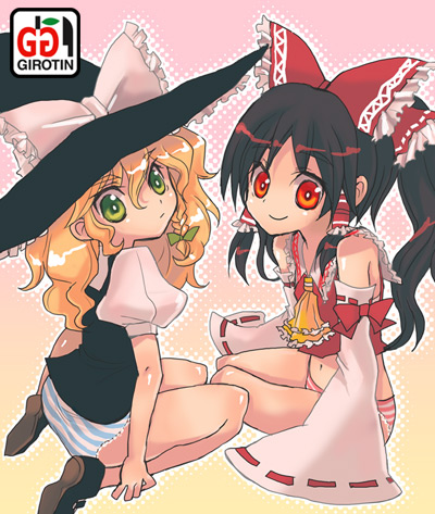 hakurei reimu and kirisame marisa (touhou) drawn by girotin_ginza