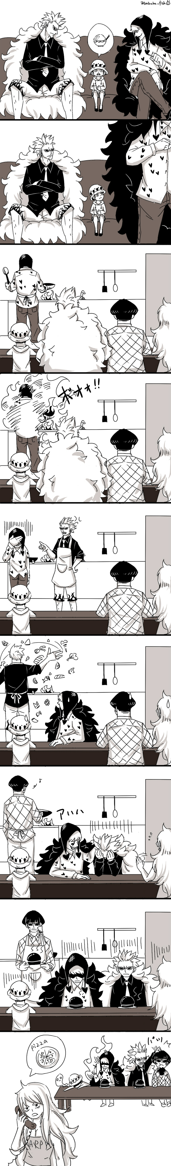 trafalgar law, donquixote doflamingo, donquixote rocinante, monet, and vergo (one piece) drawn by babuka_fish