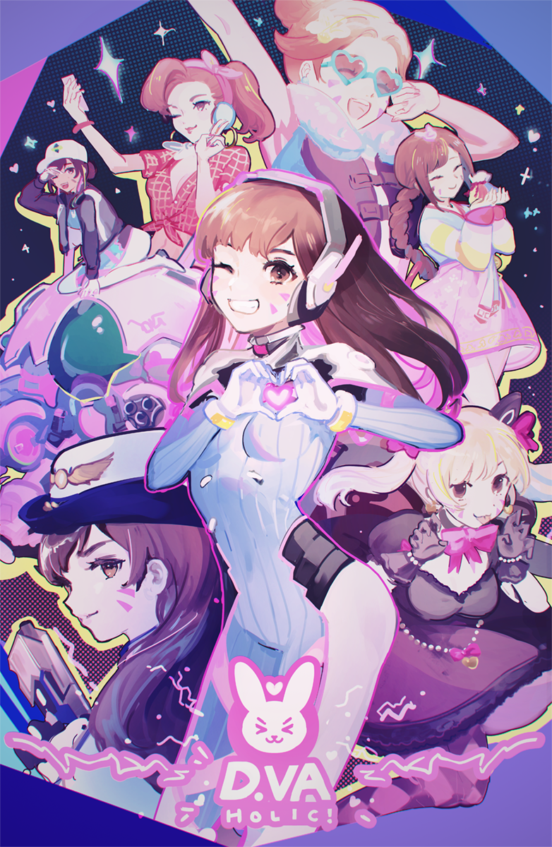 d.va, black cat d.va, shooting star d.va, officer d.va, palanquin d.va, and 2 more (overwatch and 1 more) drawn by k_(sktchblg)