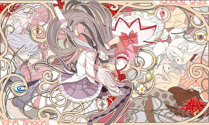 akemi homura, kaname madoka, miki sayaka, sakura kyoko, tomoe mami, and 1 more (mahou shoujo madoka magica and 1 more) drawn by edoya_inuhachi