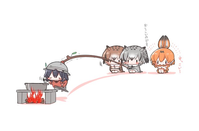 serval, kaban, northern white-faced owl, and eurasian eagle owl (kemono friends) drawn by bowwow_(hamju94)