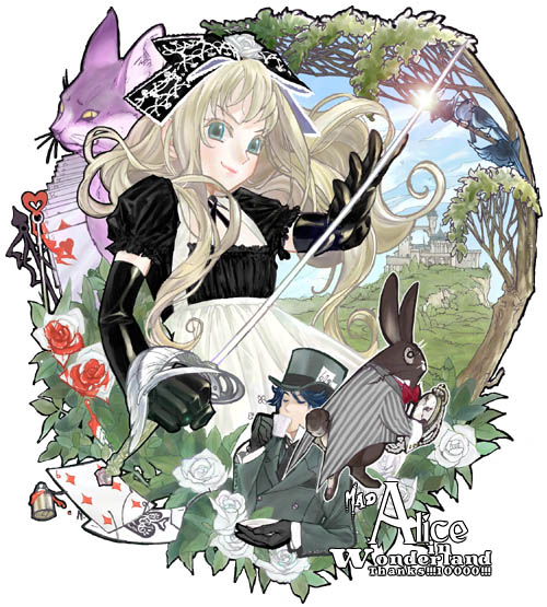 alice, white rabbit, cheshire cat, and mad hatter (alice's adventures in wonderland)