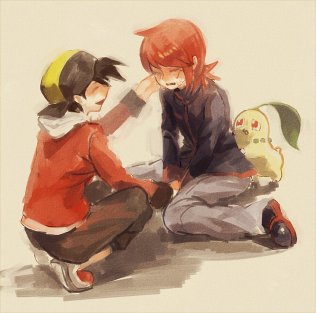 ethan, silver, and chikorita (pokemon and 1 more) drawn by tetsuko_(tetsuko009)