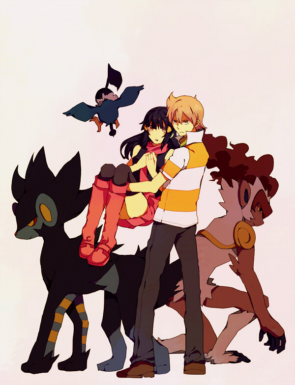 dawn, barry, luxray, infernape, and chatot (pokemon and 2 more) drawn by yuuichi_(bobobo)