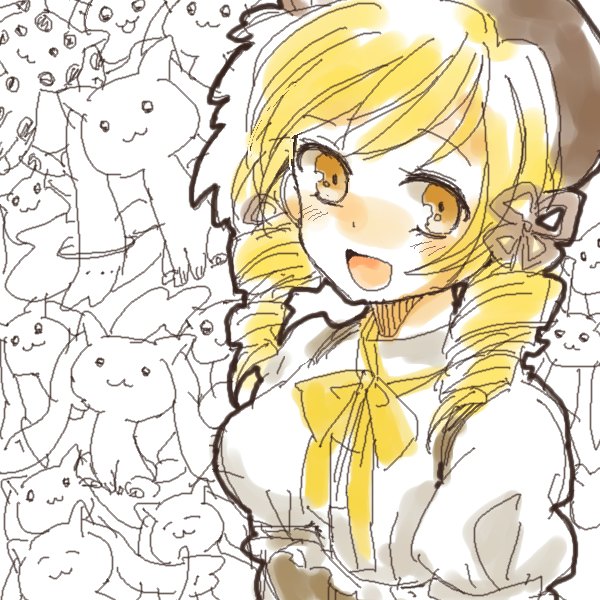 tomoe mami and kyubey (mahou shoujo madoka magica) drawn by zawameki