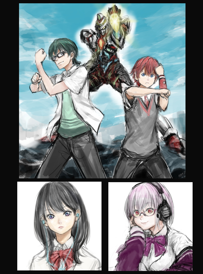 takarada rikka, shinjou akane, hibiki yuuta, gridman, and utsumi shou (gridman universe and 1 more) drawn by ogamiya_jin