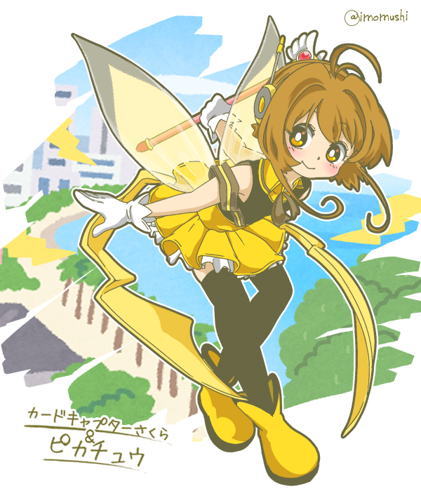 pikachu and kinomoto sakura (pokemon and 1 more) drawn by imomushi_(pixiv_9001433)