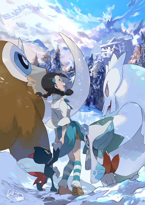 froslass, sneasel, candice, abomasnow, and mamoswine (pokemon and 1 more) drawn by e_volution