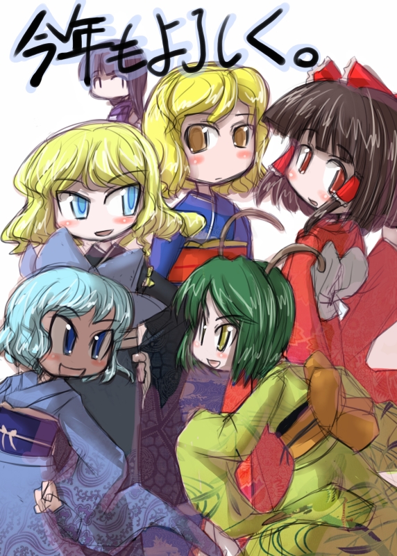 hakurei reimu, kirisame marisa, alice margatroid, cirno, and wriggle nightbug (touhou) drawn by tao_(kadoya)